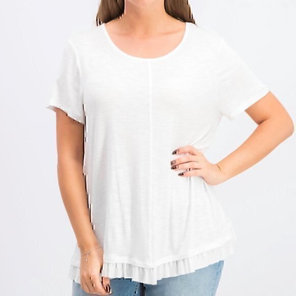 NEW NWT STYLE & CO PETITE Ruffled Hem Top White Blouse Short Sleeve Sheer Summer - Picture 1 of 7